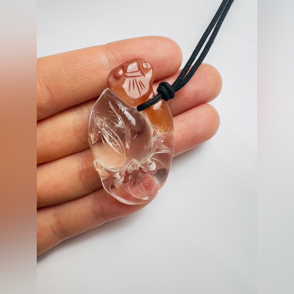 Crystal Quartz Hand Carved Pendant Necklace Chinese Lucky Symbol Vintage Jewelry